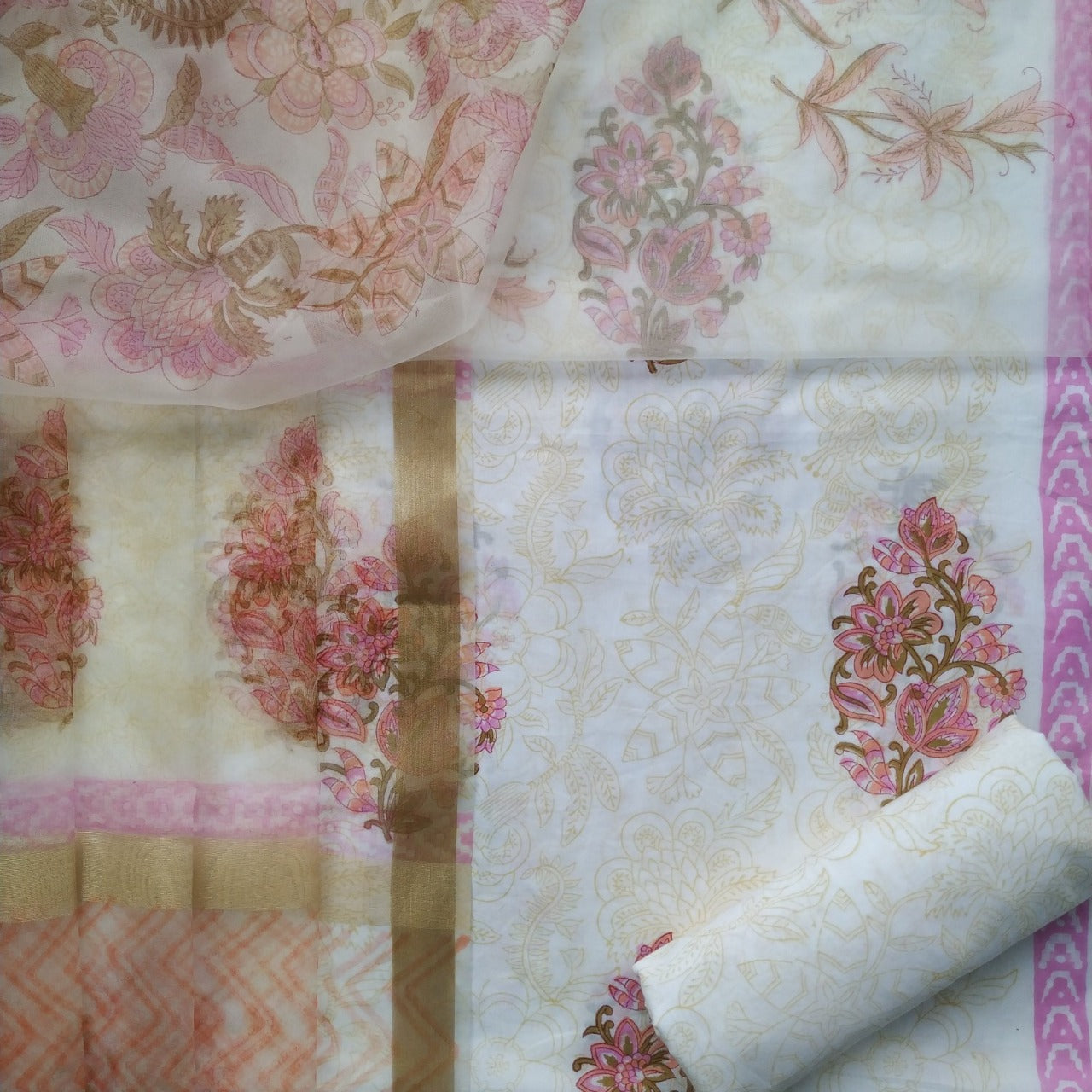 Shop Unstitched Pure Cotton Suits with Organza Dupatta (ORG58)