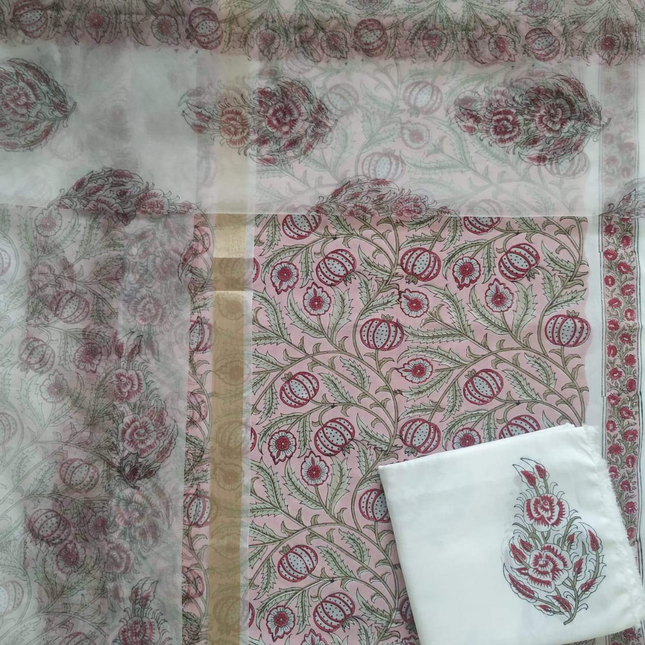 Shop Unstitched Pure Cotton Suits with Organza Dupatta (ORG59)