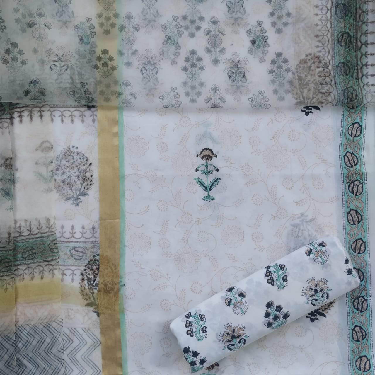 Shop Unstitched Pure Cotton Suits with Organza Dupatta (ORG61)