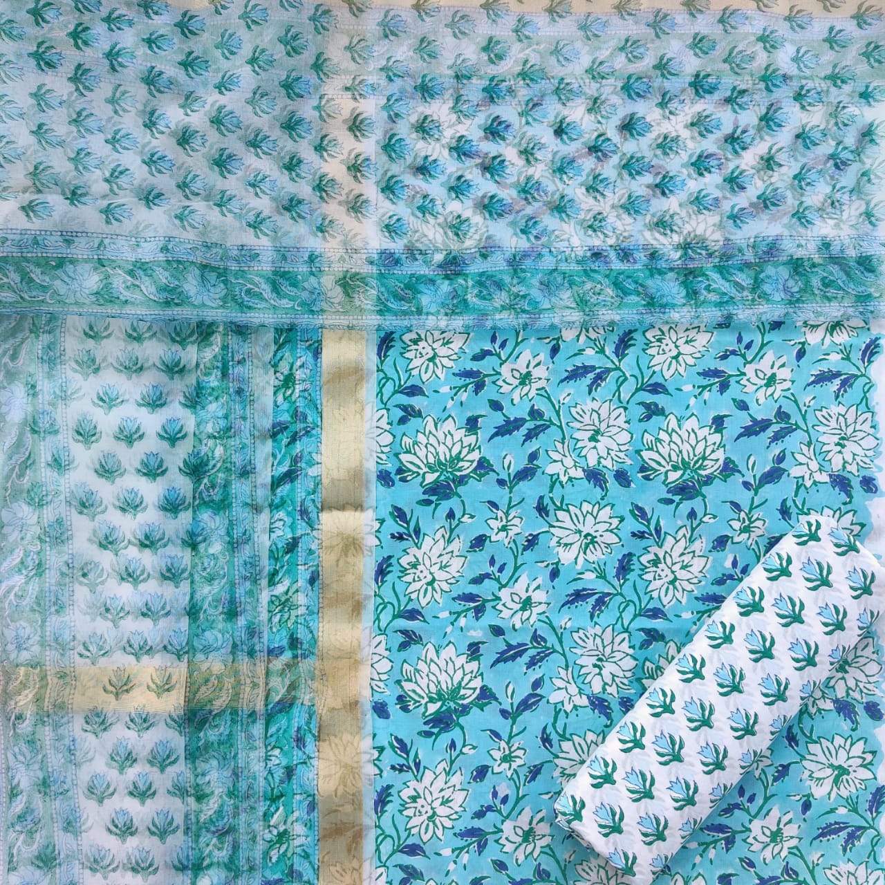 Shalvi's Hand Block Floral Jaal Print Pure Cotton Suit with Organza Dupatta (ORG65)