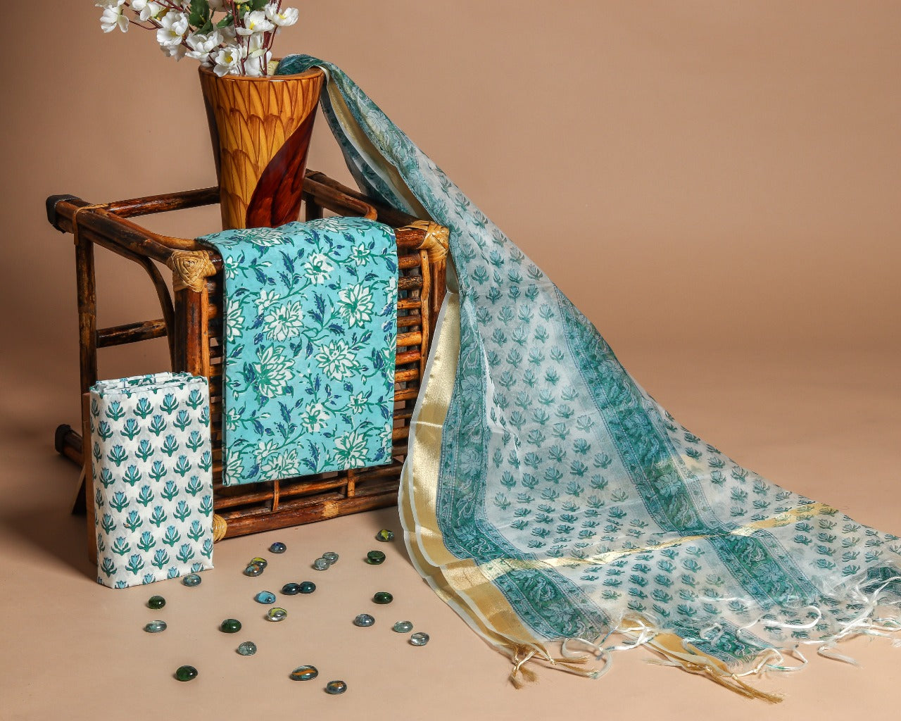 Shalvi's Hand Block Floral Jaal Print Pure Cotton Suit with Organza Dupatta (ORG65)