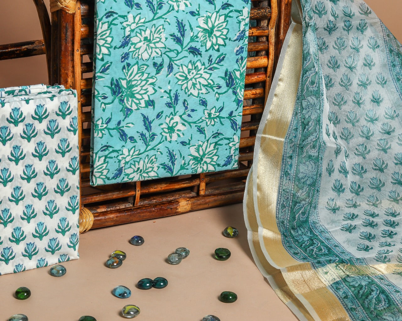 Shalvi's Hand Block Floral Jaal Print Pure Cotton Suit with Organza Dupatta (ORG65)