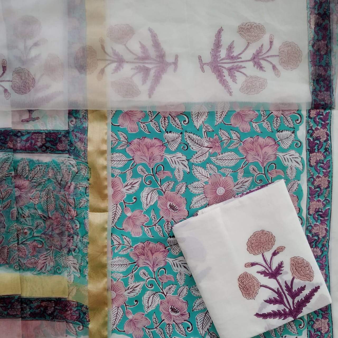 Designer Floral Print Pure Cotton Suit with Organza Dupatta (ORG66)