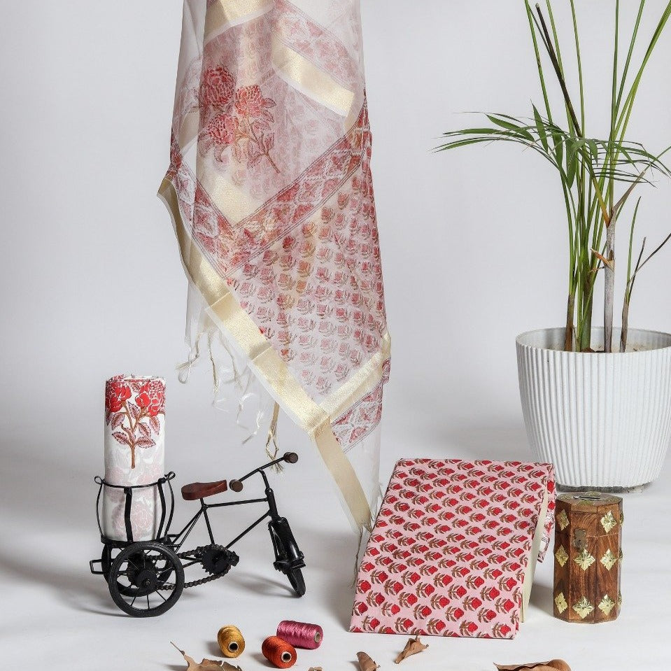 Shop Unstitched Pure Cotton Suits with Organza Dupatta (ORG70)