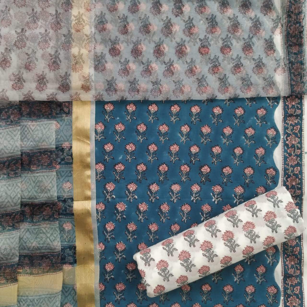 Shop Unstitched Block Print Pure Cotton Suits with Organza Dupatta (ORG73)