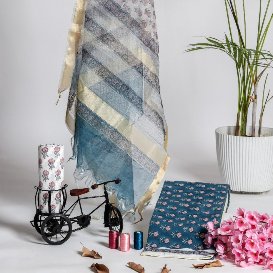 Shop Unstitched Block Print Pure Cotton Suits with Organza Dupatta (ORG73)