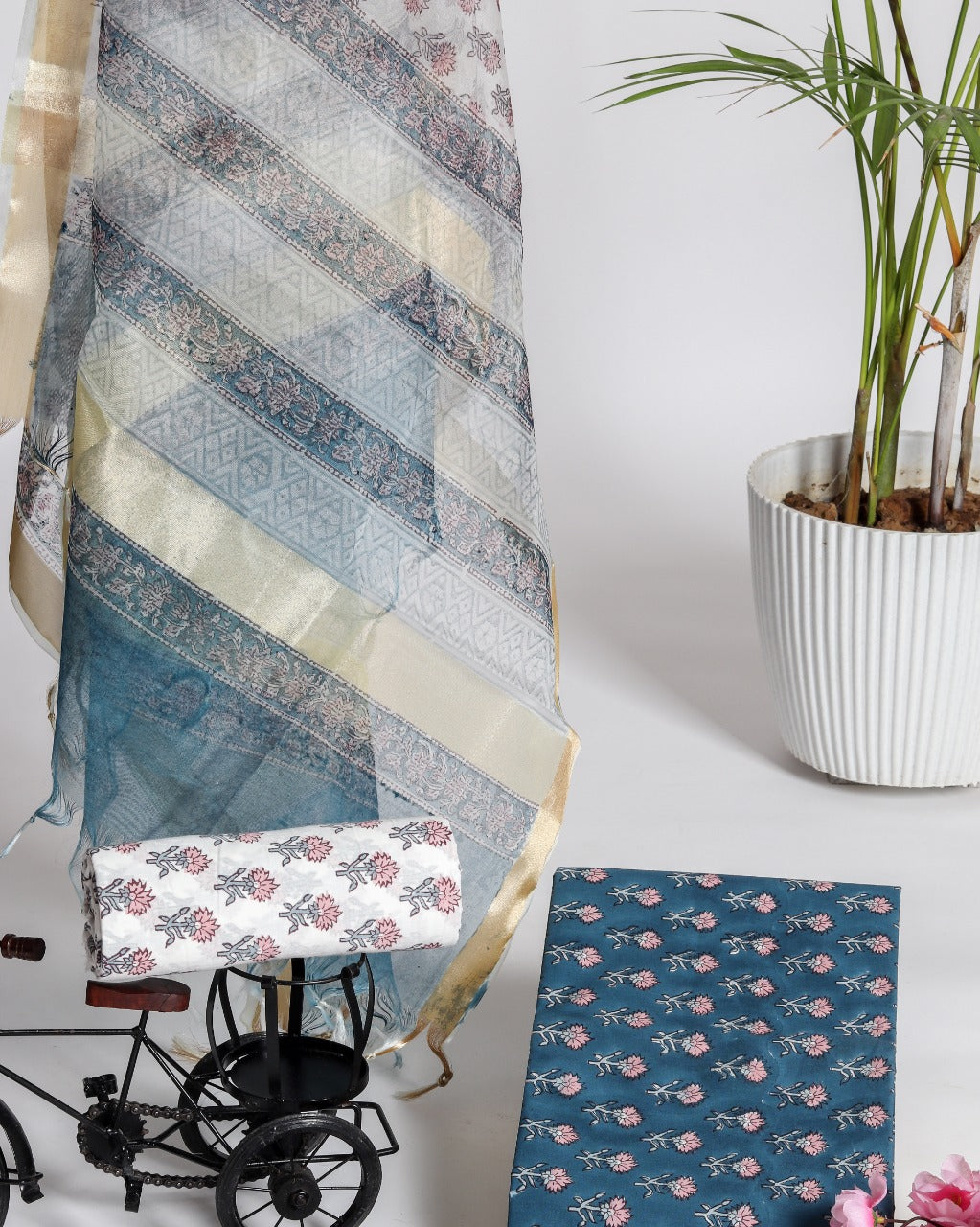 Shop Unstitched Block Print Pure Cotton Suits with Organza Dupatta (ORG73)