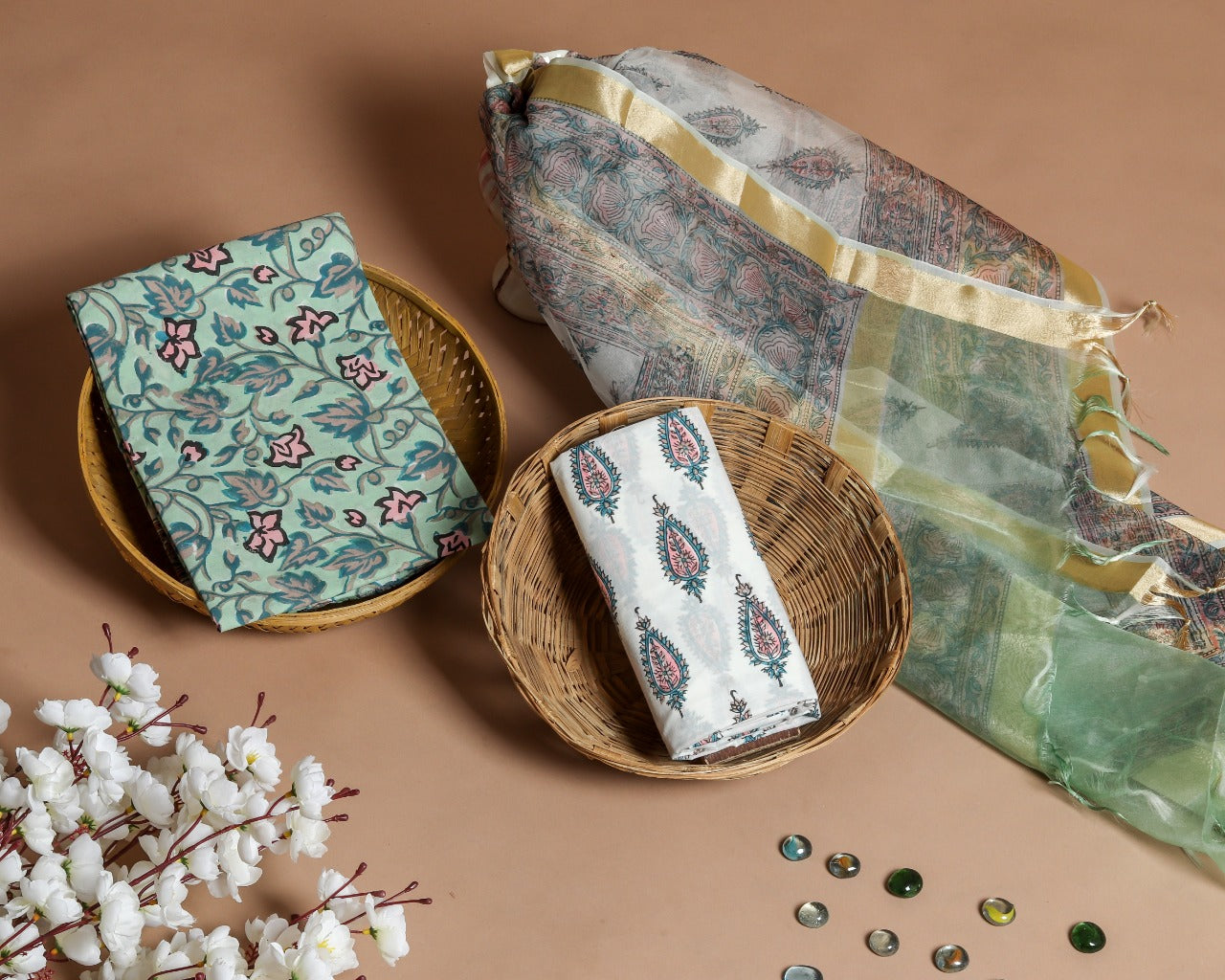 Shop Unstitched Pure Cotton Suits with Organza Dupatta (ORG75)