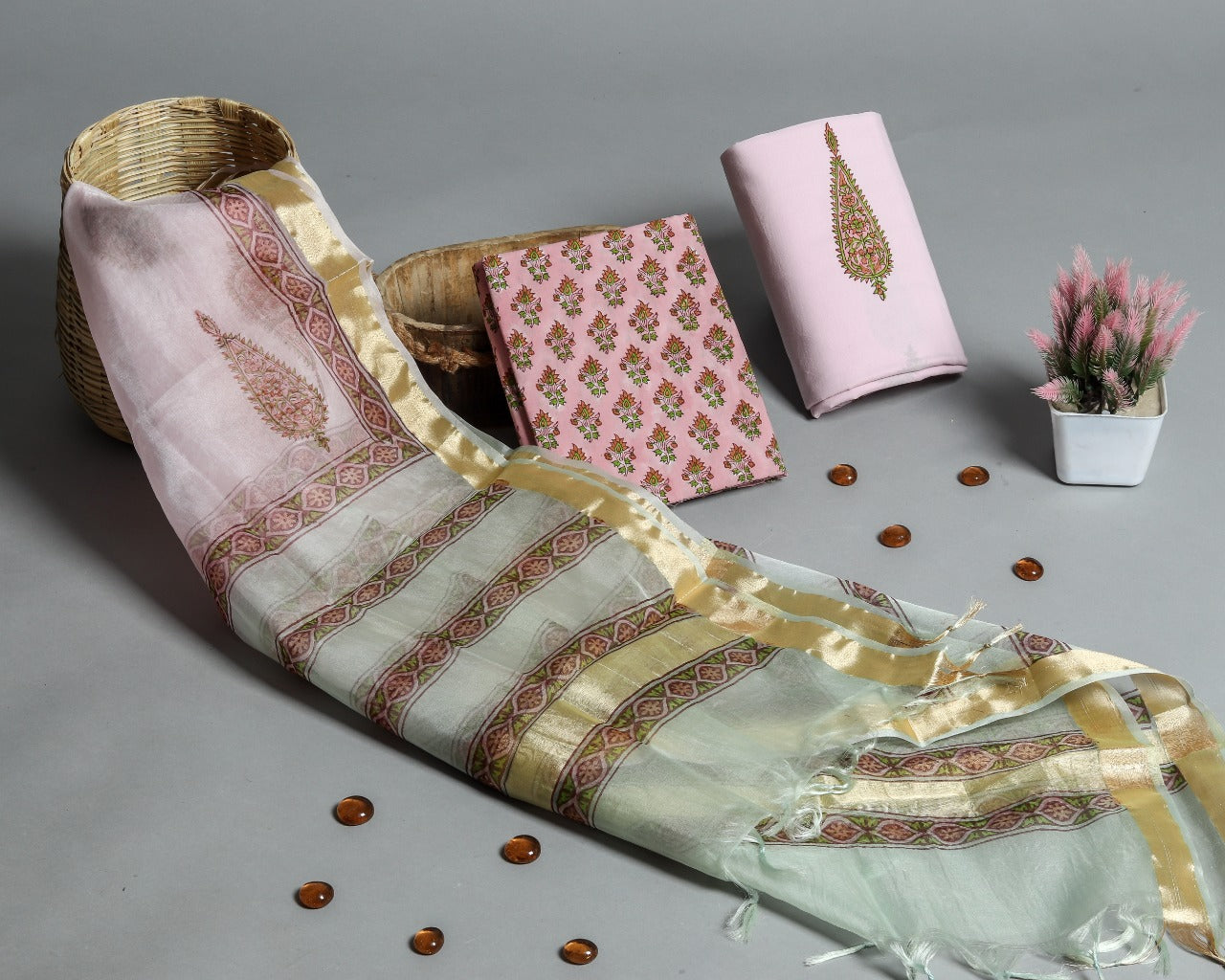 Shop Unstitched Pure Cotton Suits online with Organza Dupatta (ORG76)