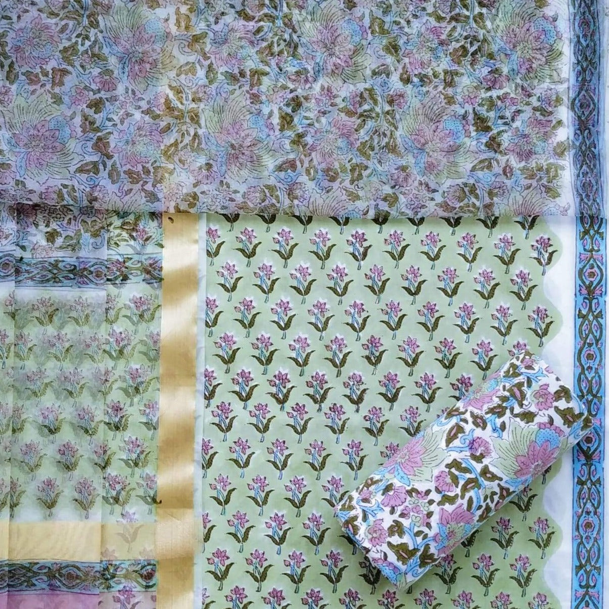 Shop Unstitched Block Print Pure Cotton Suits with Organza Dupatta (ORG78)