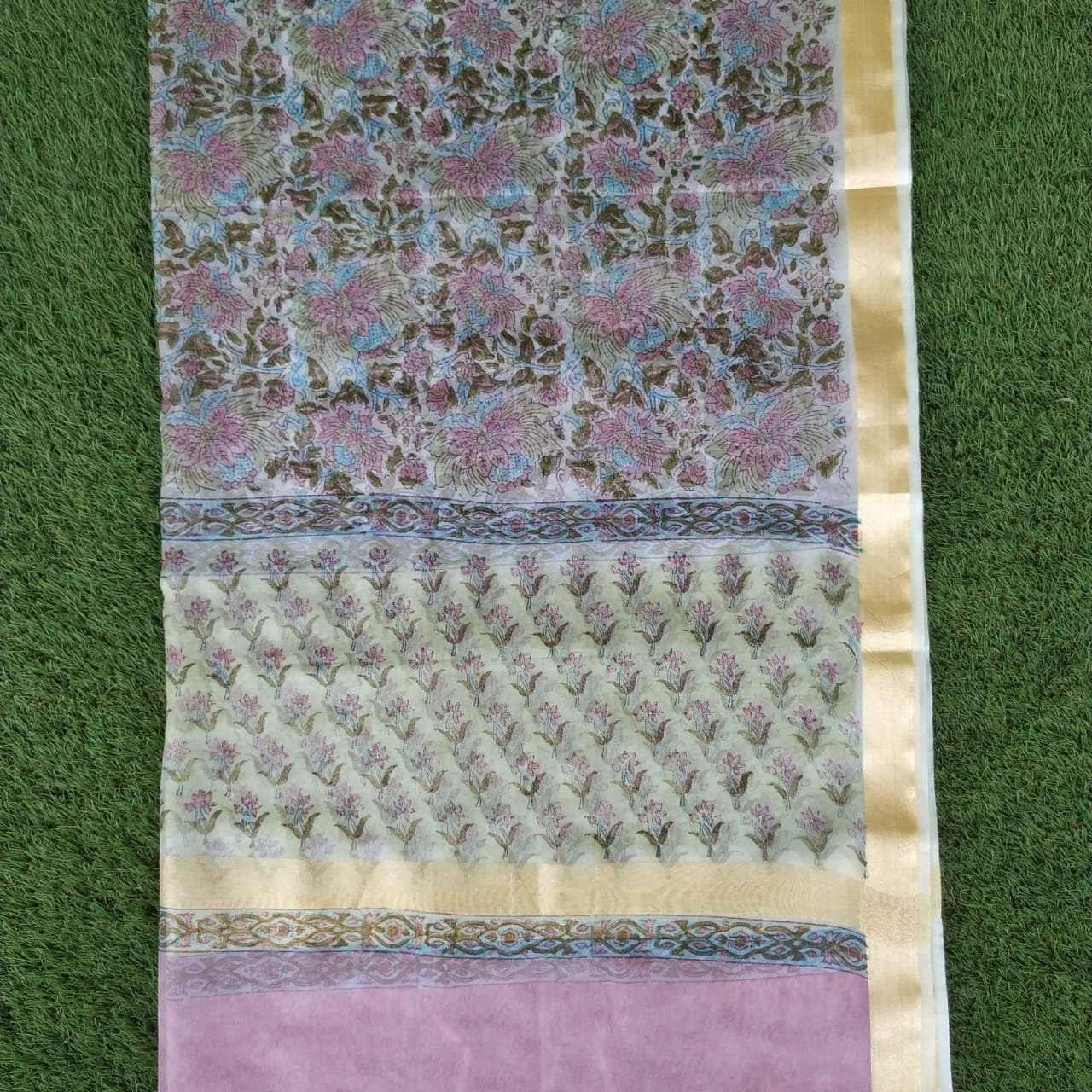 Shop Unstitched Block Print Pure Cotton Suits with Organza Dupatta (ORG78)