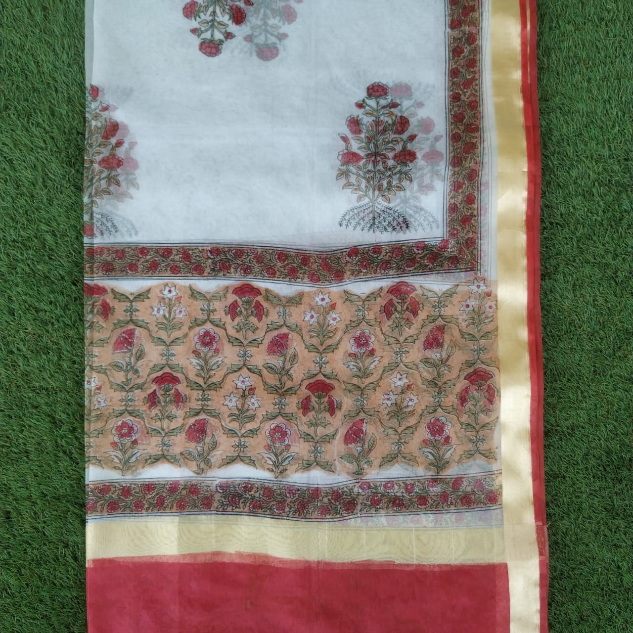 Shop Unstitched Hand Block Print Pure Cotton Suit with Organza Dupatta (ORG79)