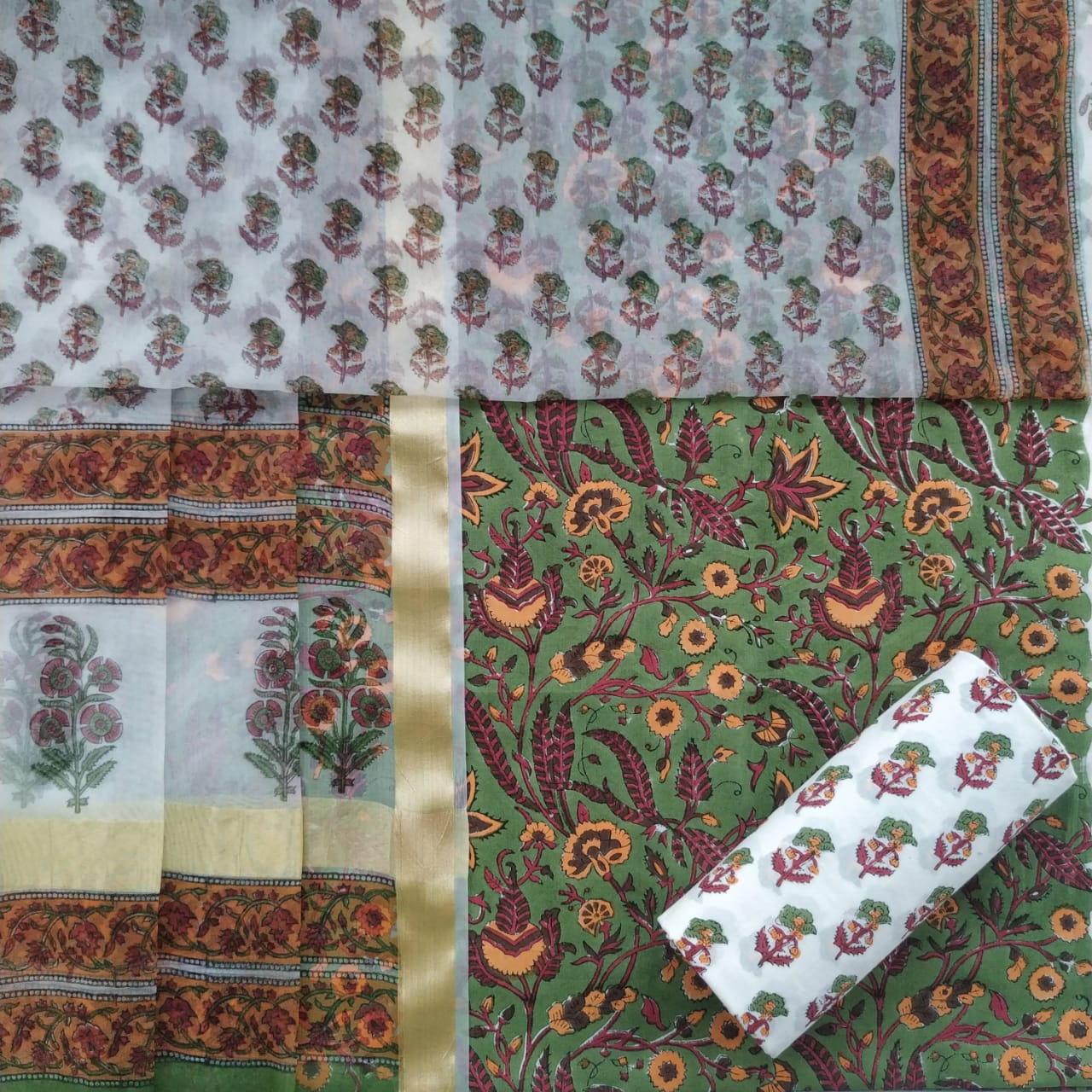 Shop Unstitched Hand Block Print Pure Cotton Suits with Organza Dupatta (ORG80)