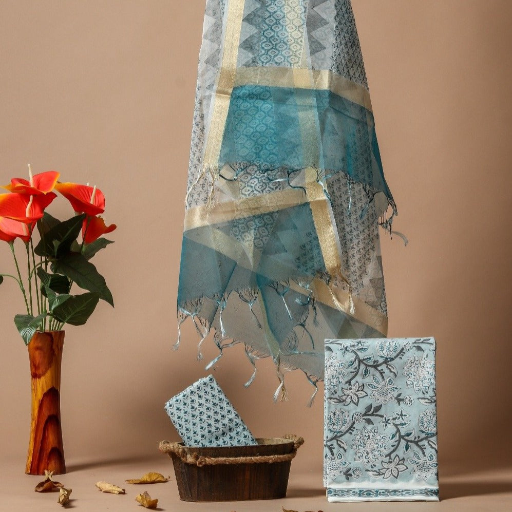 Shop Hand Block Print Pure Cotton Suits online with Organza Dupatta