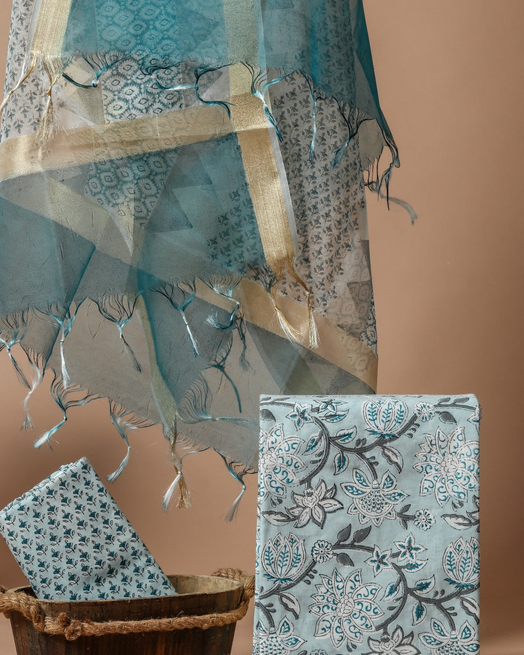 Shop Hand Block Print Pure Cotton Suits online with Organza Dupatta