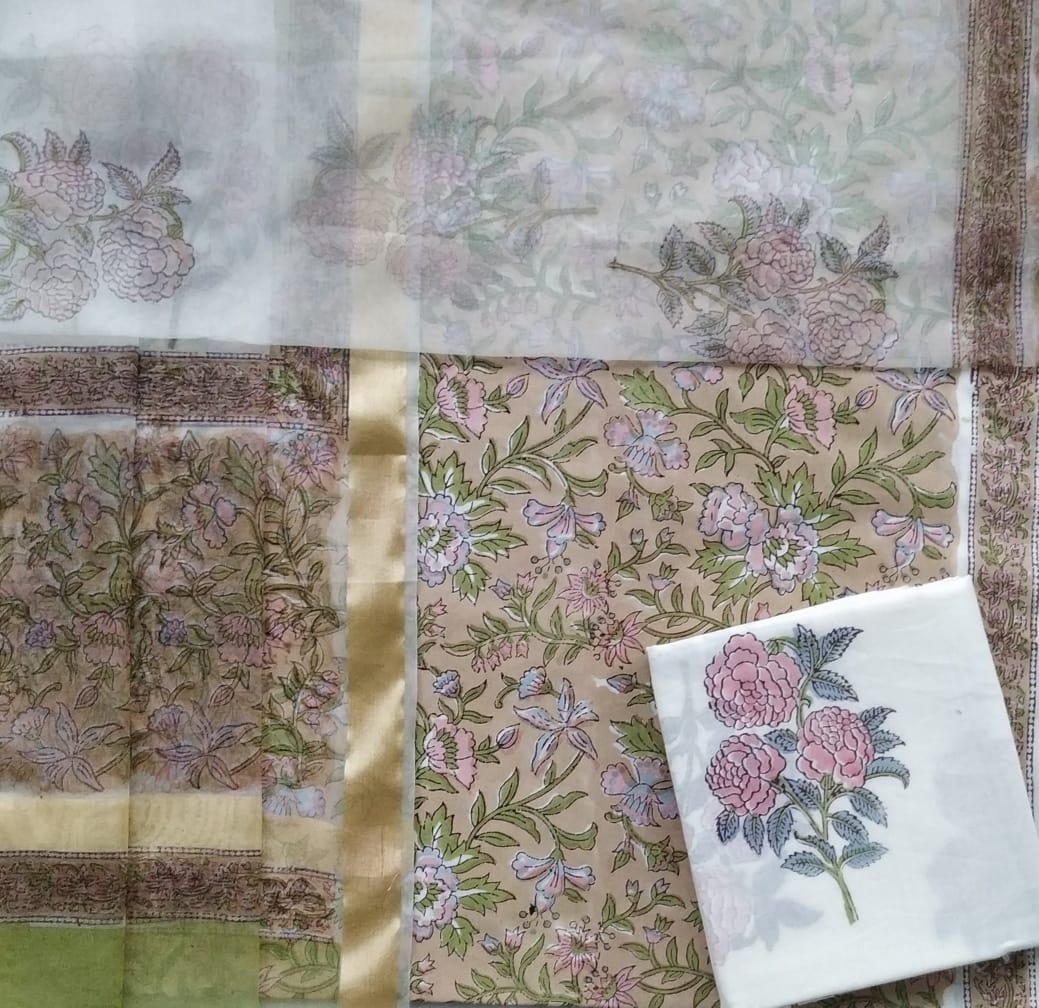 Shop unstitched Hand Block Print Pure Cotton Suits with Organza Dupatta (ORG83)