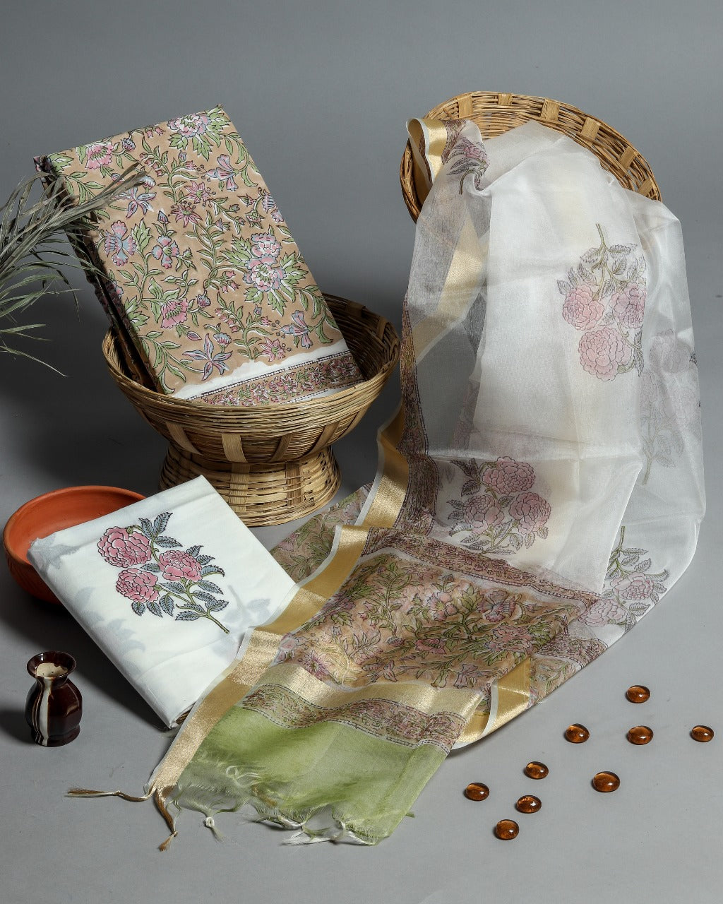 Shop unstitched Hand Block Print Pure Cotton Suits with Organza Dupatta (ORG83)