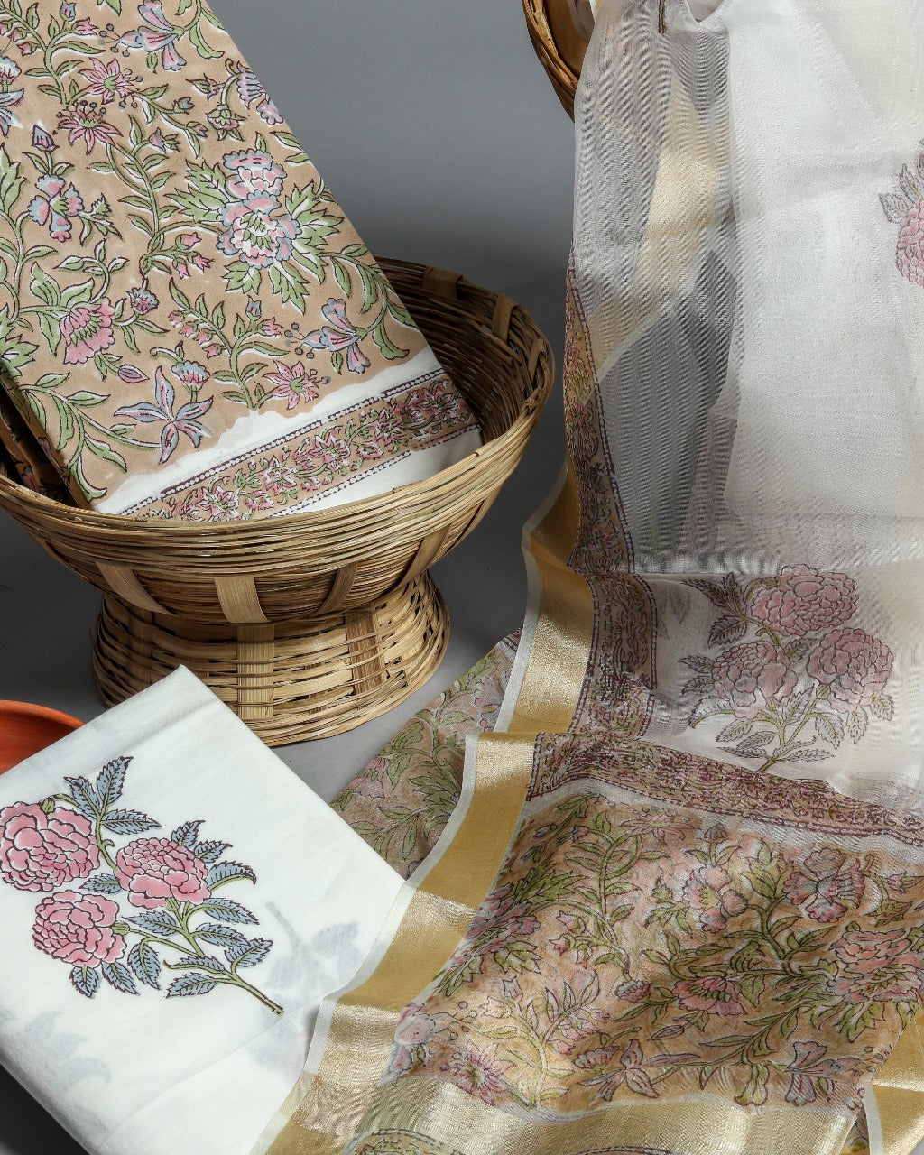 Shop unstitched Hand Block Print Pure Cotton Suits with Organza Dupatta (ORG83)