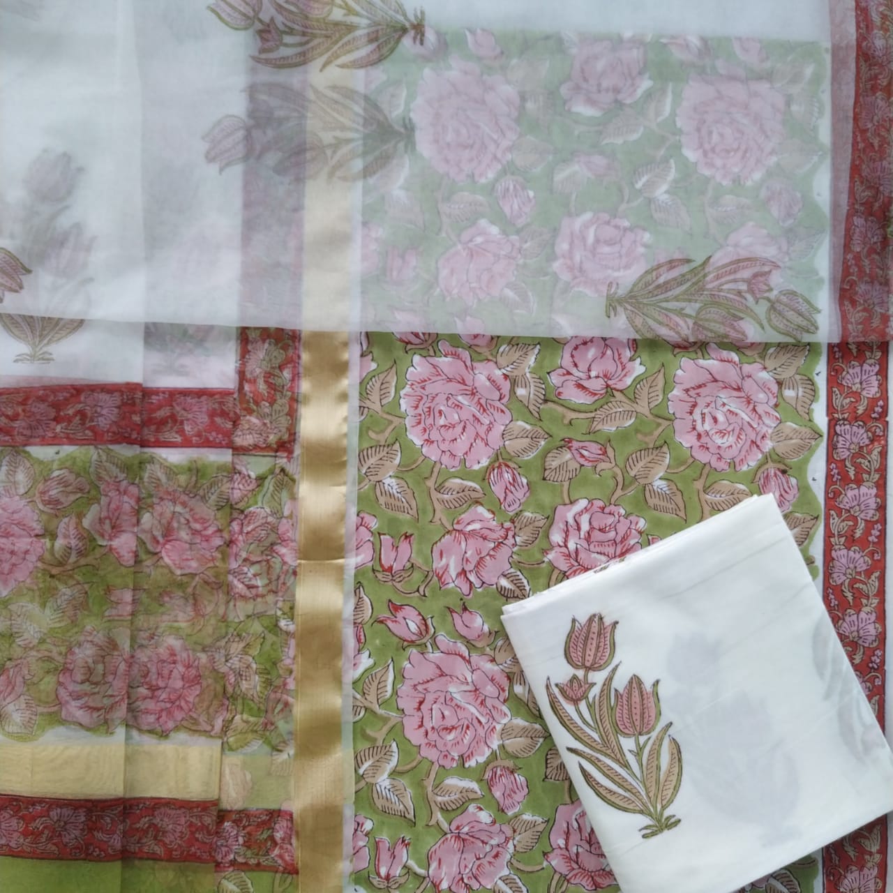 Shop Unstitched Hand Block Print Pure Cotton Suits with Organza Dupatta (ORG84)