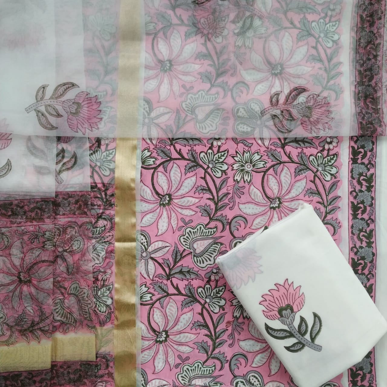 Shop Unstitched Hand Block Print Pure Cotton Suits with Organza Dupatta (ORG85)