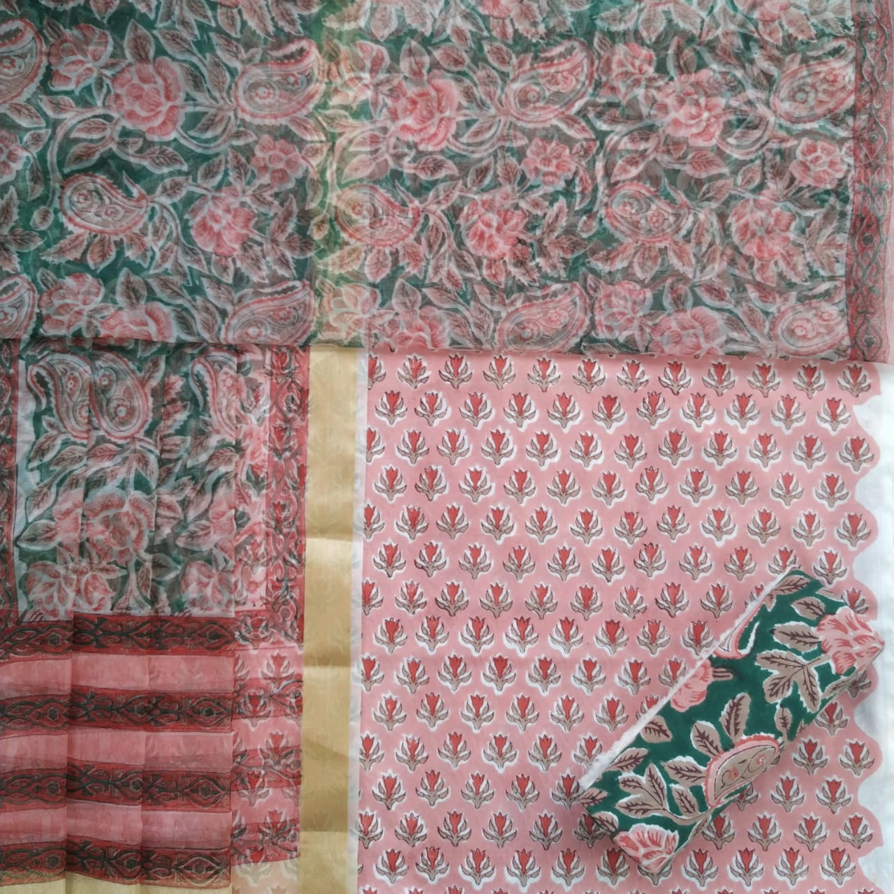 Shop Unstitched Hand Block Print Pure Cotton Suits with Organza Dupatta (ORG87)