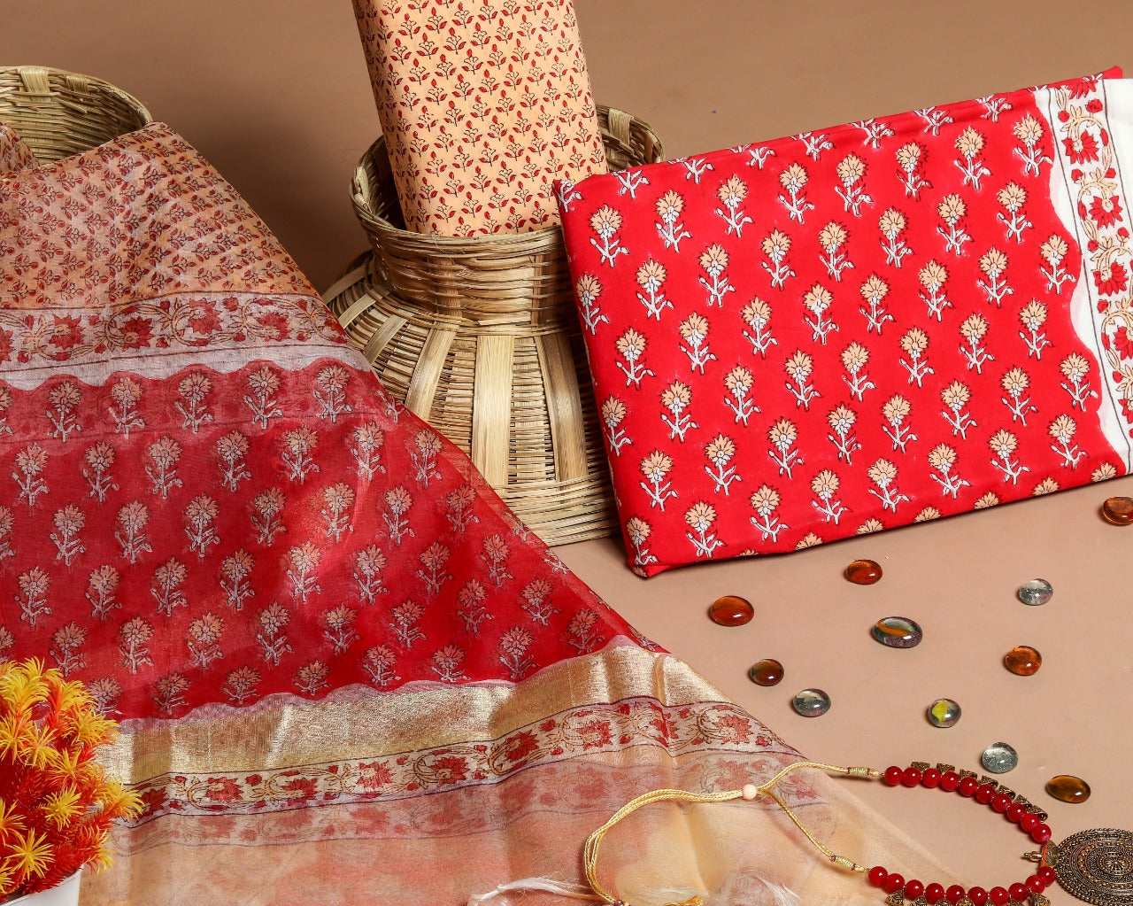 Shop Unstitched Hand Block Print Pure Cotton Suits with Organza Dupatta (ORG89)