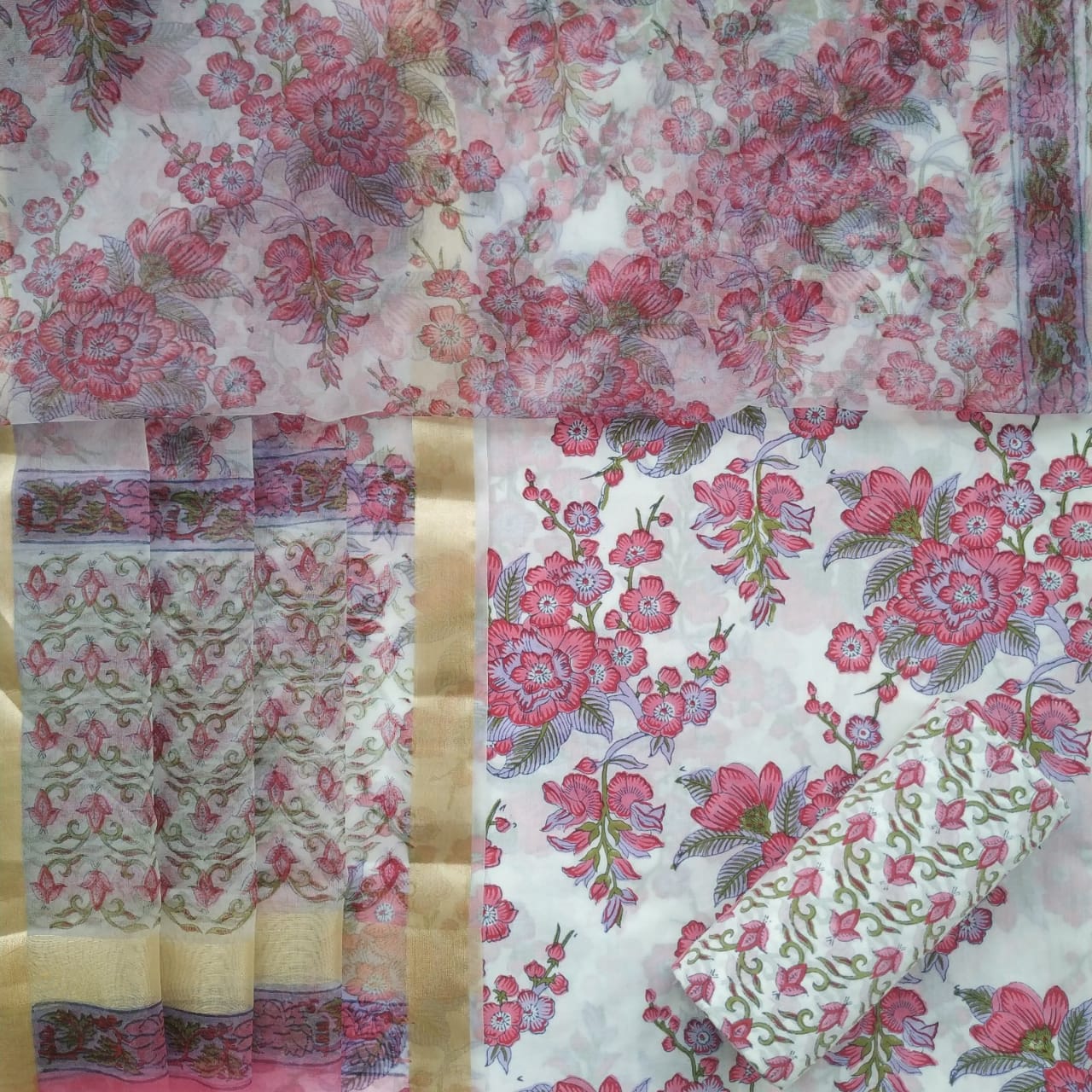 Shop Unstitched Hand Block Print Pure Cotton Suits with Organza Dupatta (ORG90)