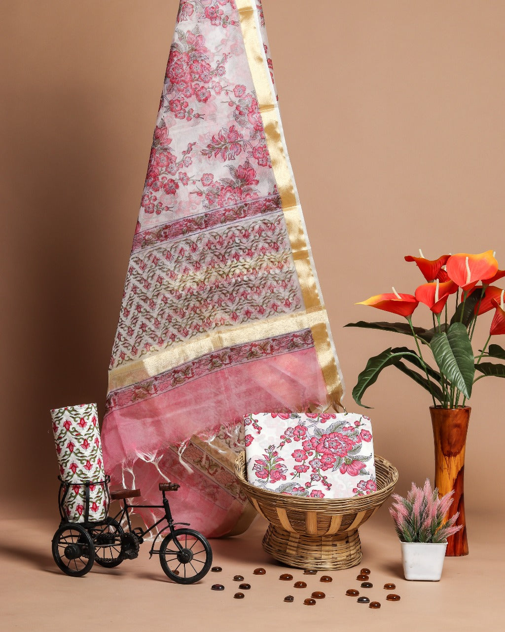 Shop Unstitched Hand Block Print Pure Cotton Suits with Organza Dupatta (ORG90)