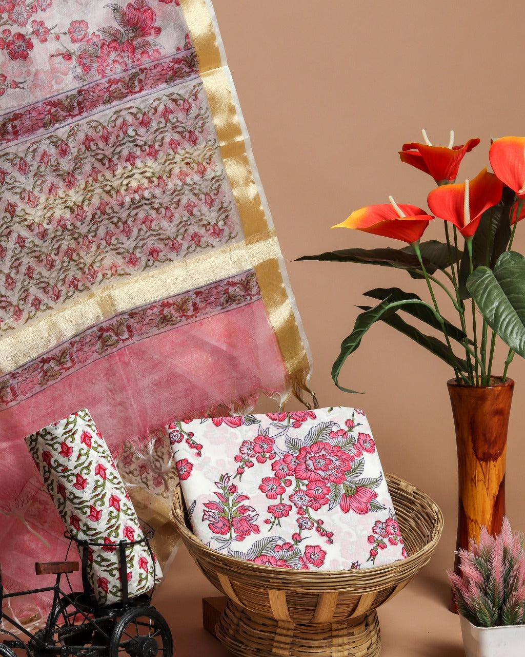 Shop Unstitched Hand Block Print Pure Cotton Suits with Organza Dupatta (ORG90)