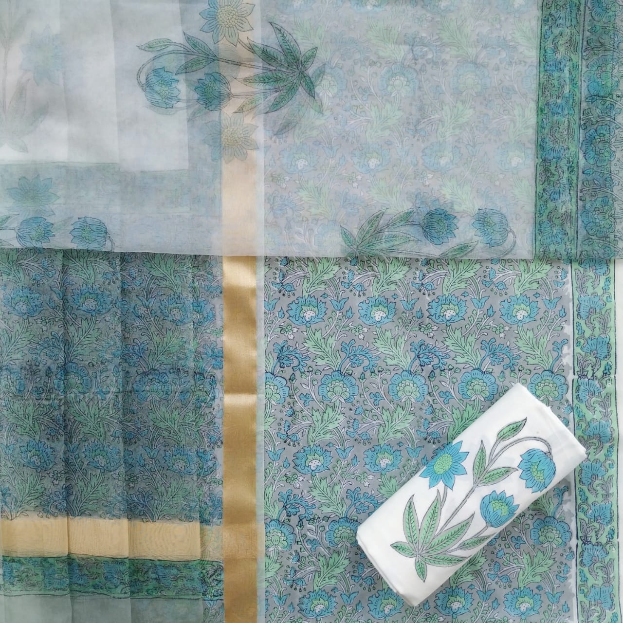 Shop Unstitched Hand Block Print Pure Cotton Suits with Organza Dupatta (ORG92)