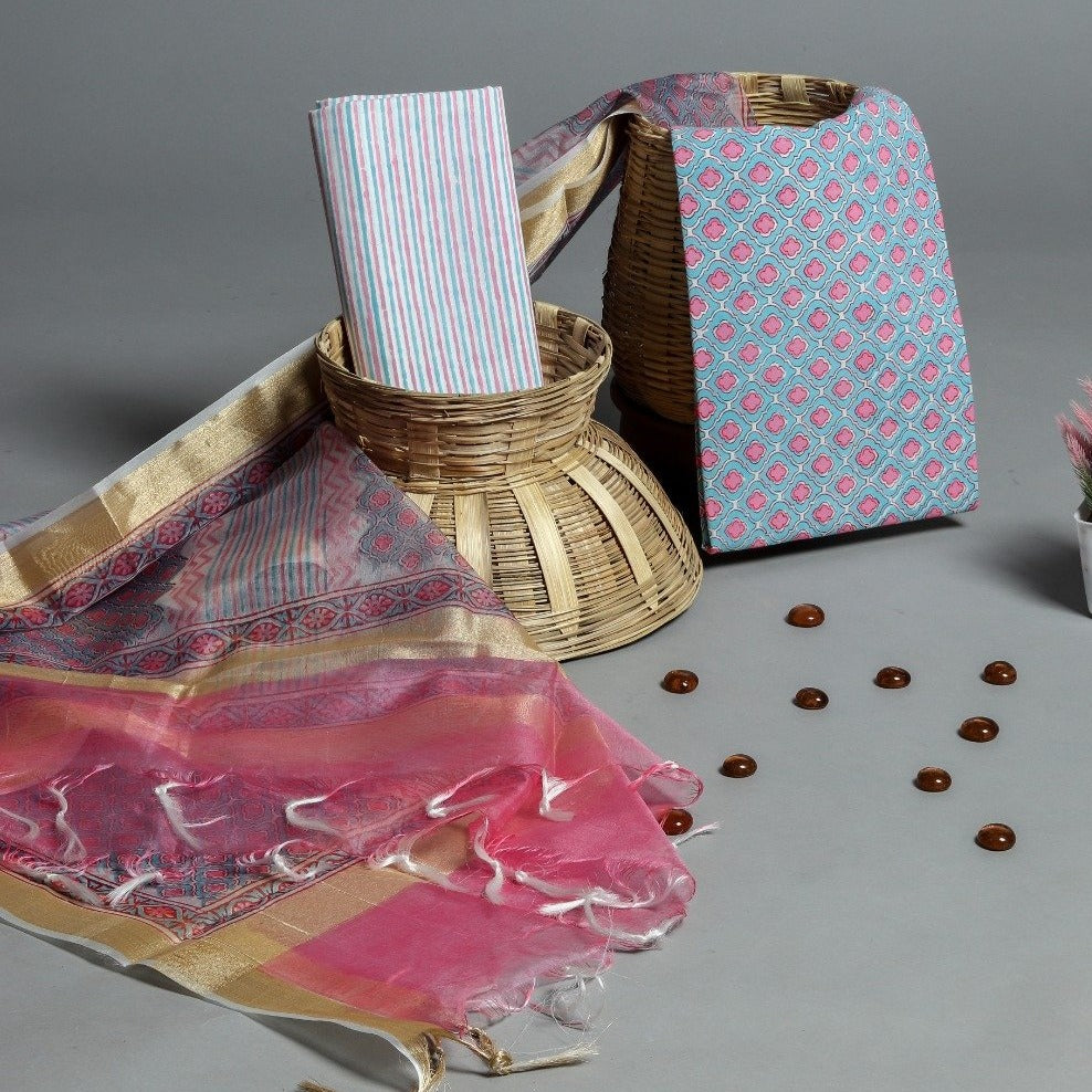 Shop Unstitched Hand Block Print Pure Cotton Suits with Organza Dupatta (ORG93)