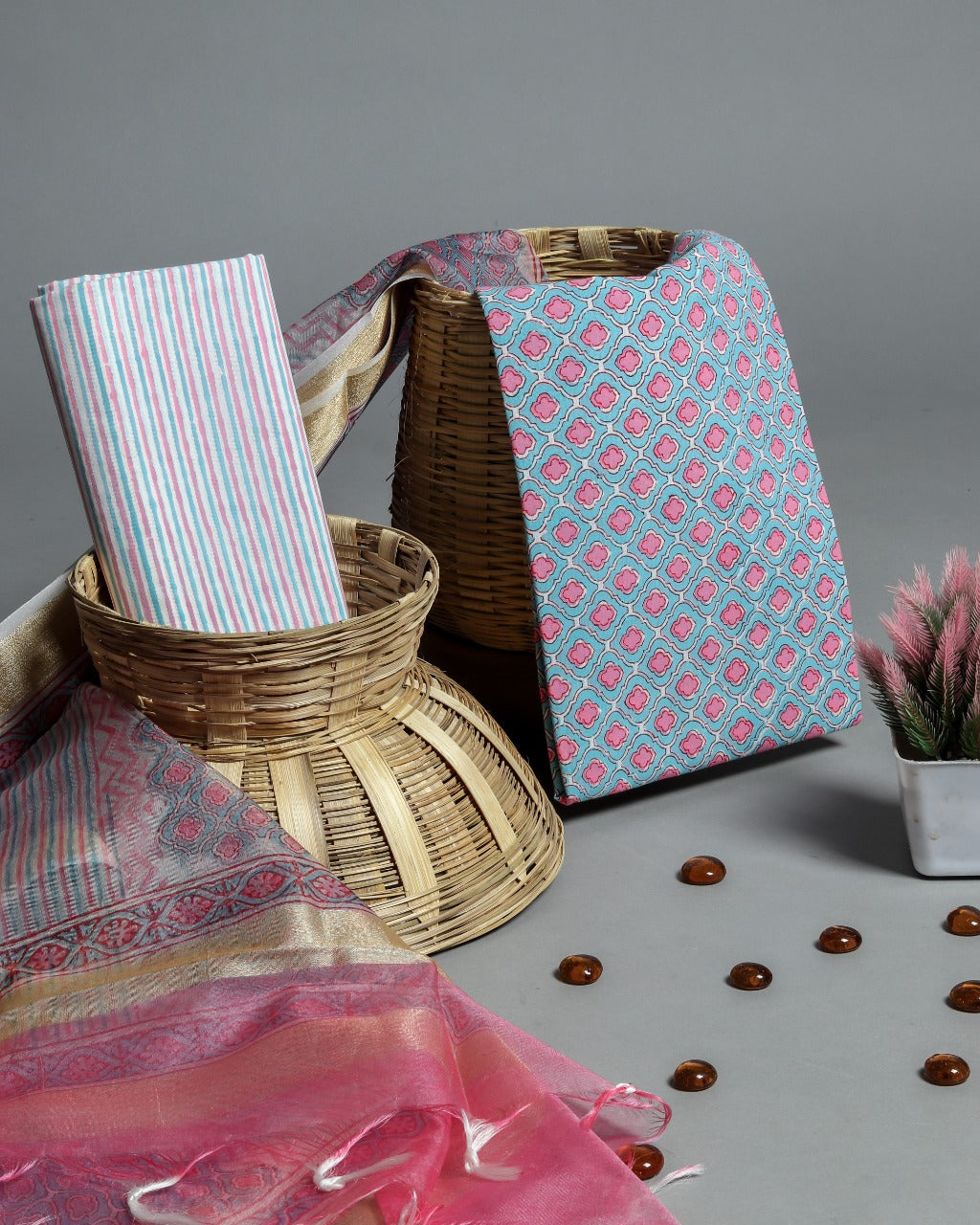 Shop Unstitched Hand Block Print Pure Cotton Suits with Organza Dupatta (ORG93)