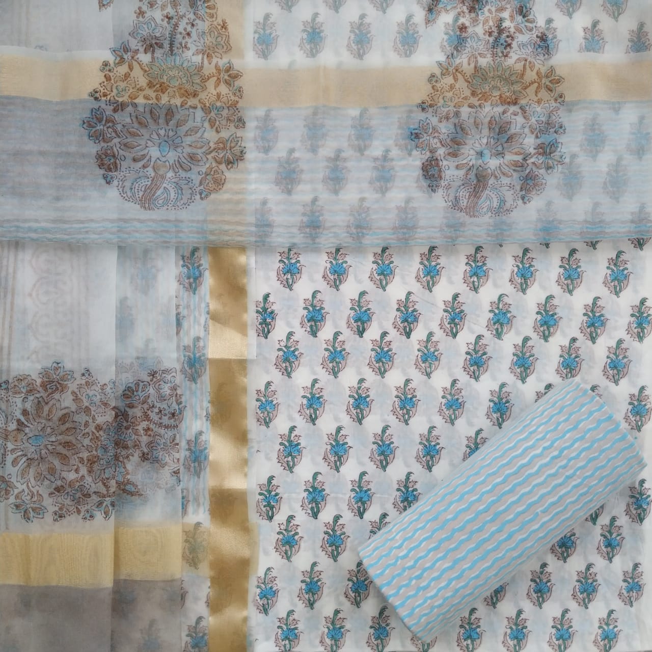 Shop Unstitched Hand Block Print Pure Cotton Suits with Organza Dupatta (ORG94)