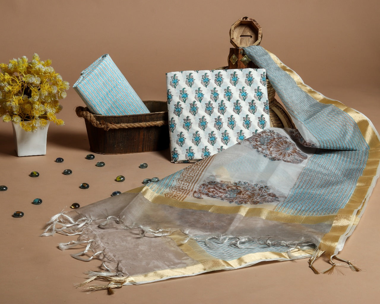 Shop Unstitched Hand Block Print Pure Cotton Suits with Organza Dupatta (ORG94)