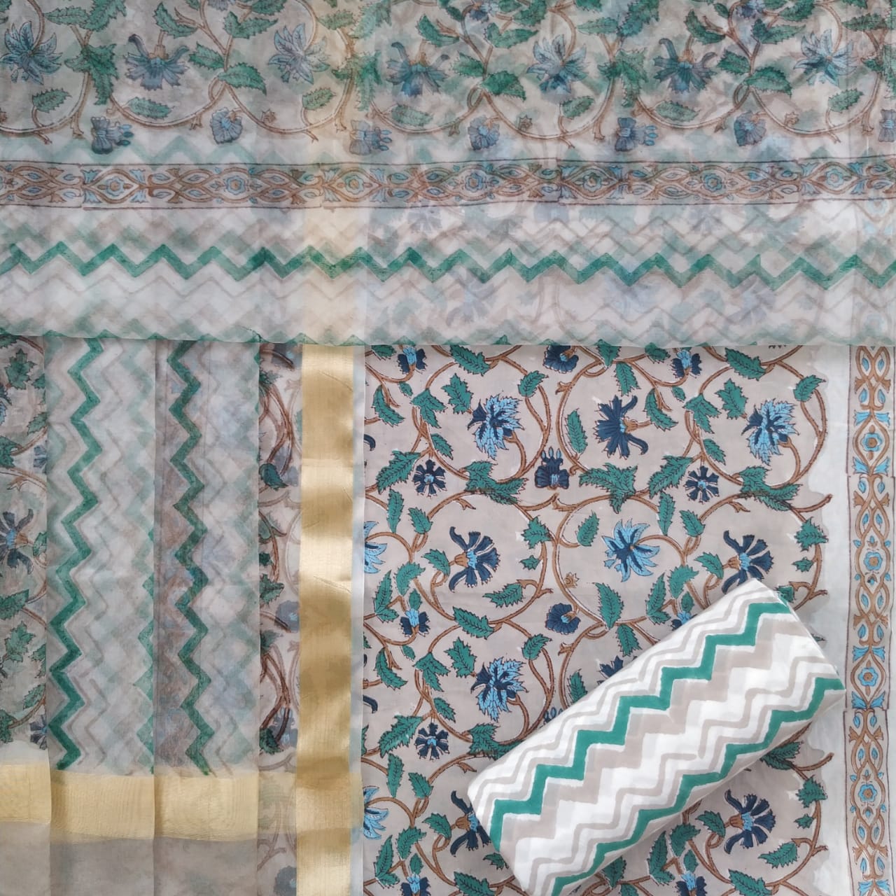 Shop Unstitched Hand Block Print Pure Cotton Suits with Organza Dupatta (ORG95)