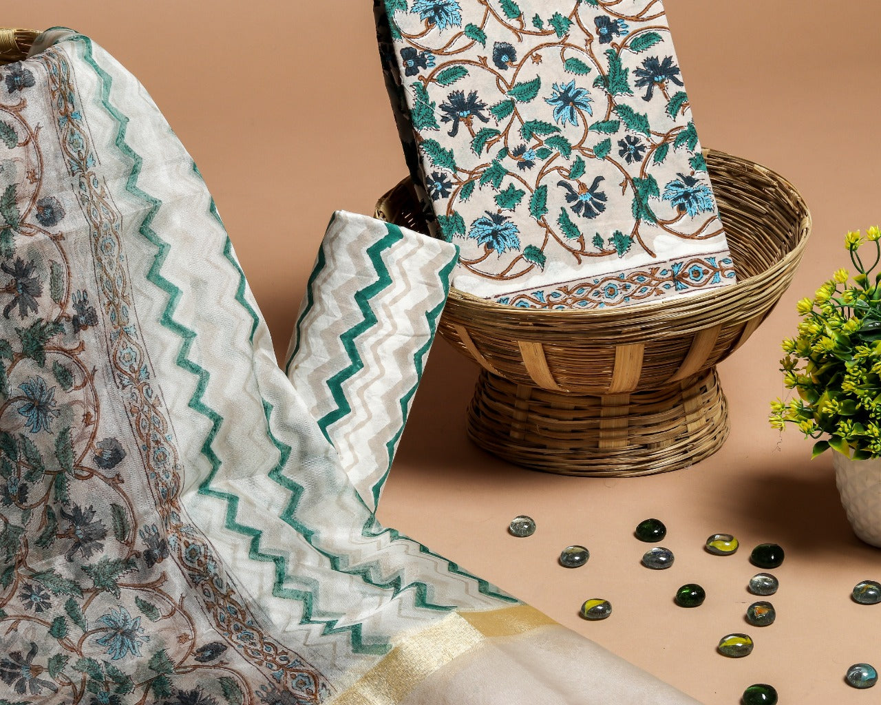 Shop Unstitched Hand Block Print Pure Cotton Suits with Organza Dupatta (ORG95)