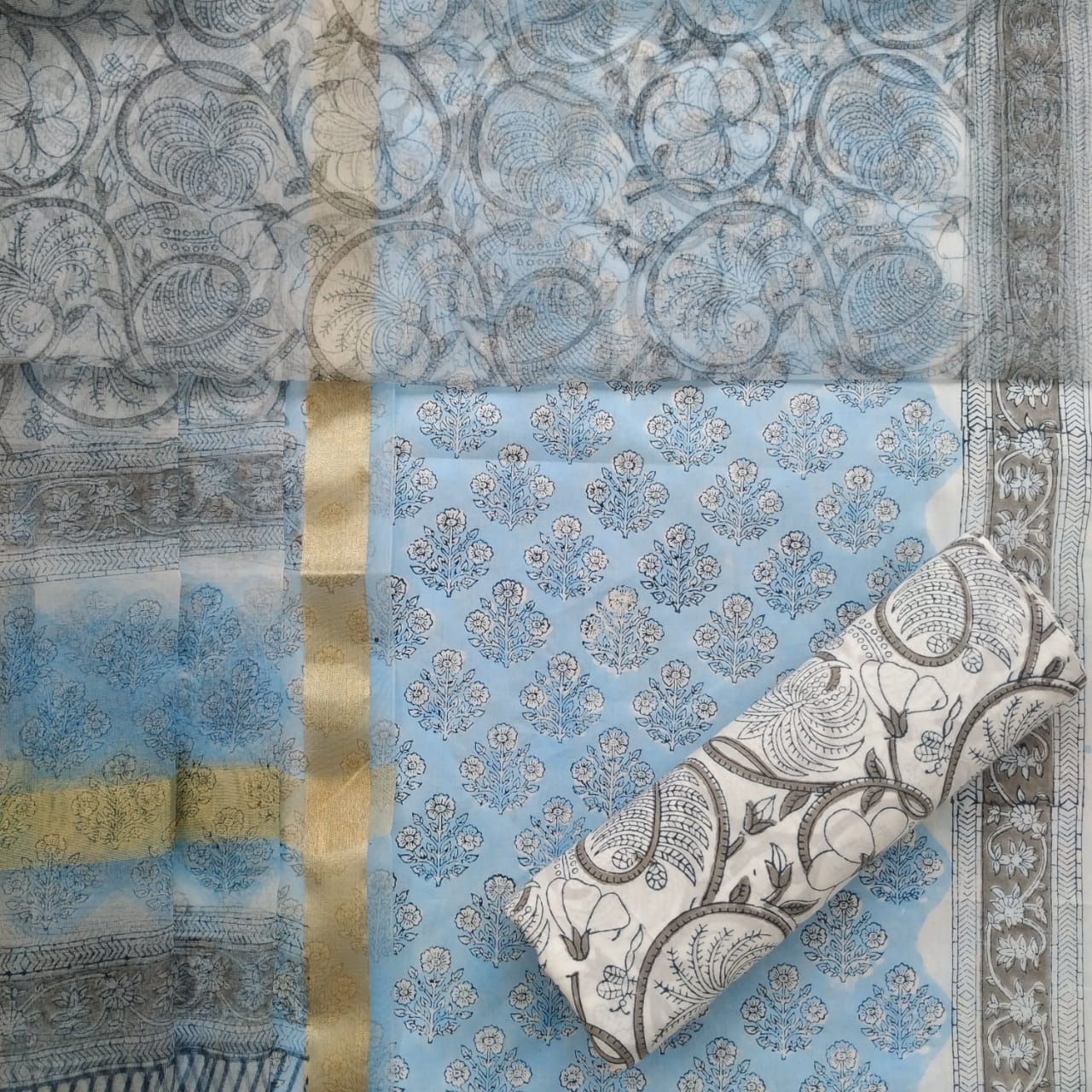 Shop Unstitched Hand Block Print Pure Cotton Suits with Organza Dupatta (ORG96)