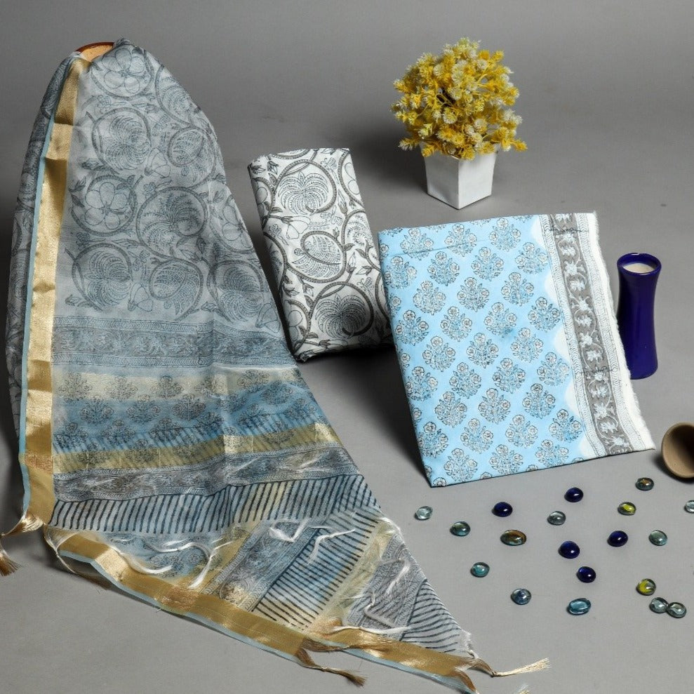 Shop Unstitched Hand Block Print Pure Cotton Suits with Organza Dupatta (ORG96)
