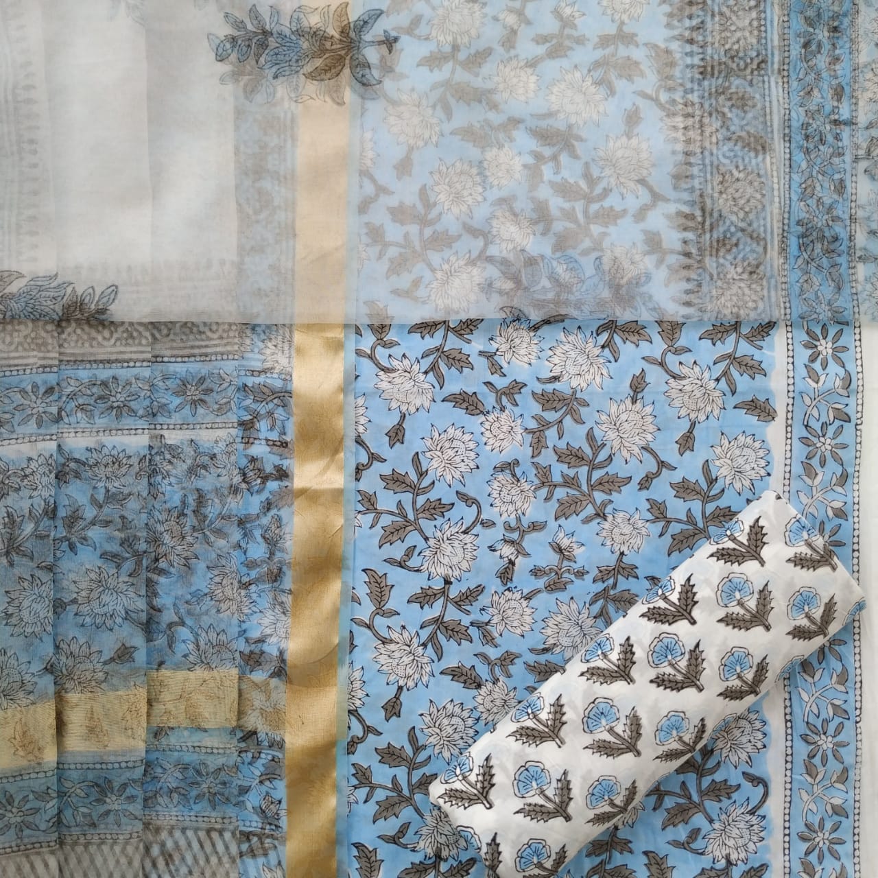 Shop Unstitched Hand Block Print Pure Cotton Suits with Organza Dupatta (ORG97)