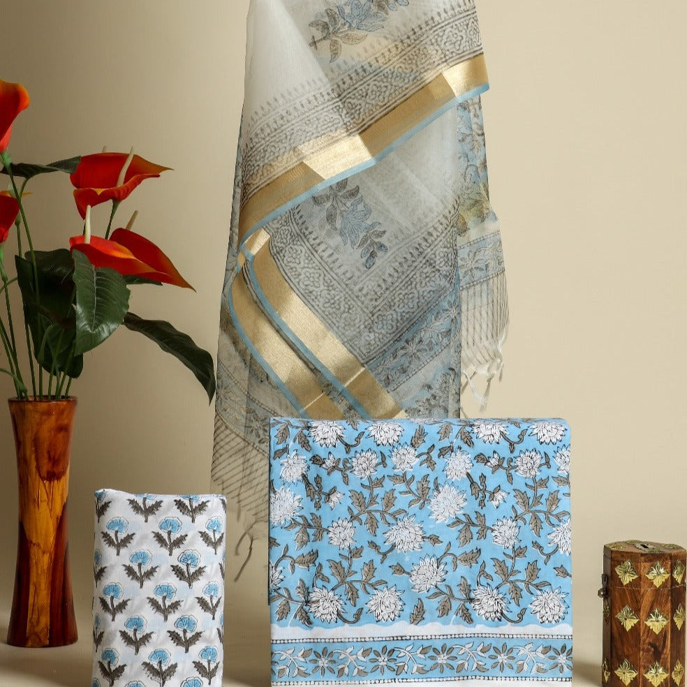 Shop Unstitched Hand Block Print Pure Cotton Suits with Organza Dupatta (ORG97)