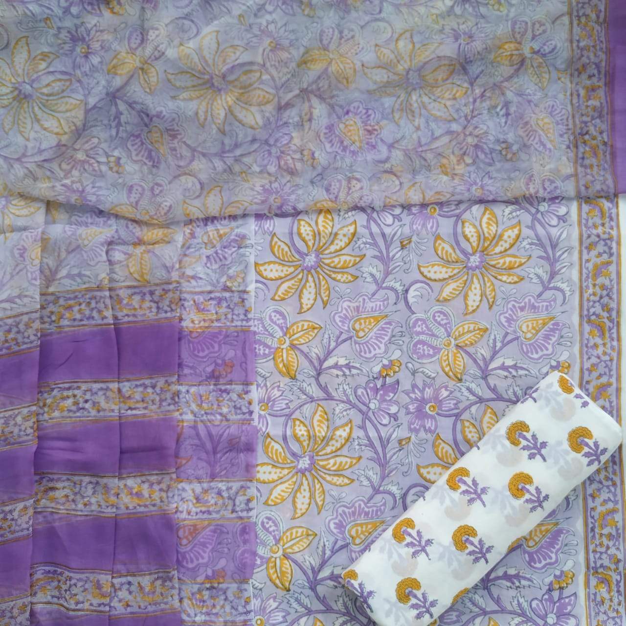 Shop Unstitched Hand Block Print Pure Cotton Suits with Chiffon Dupatta (PCHF101)