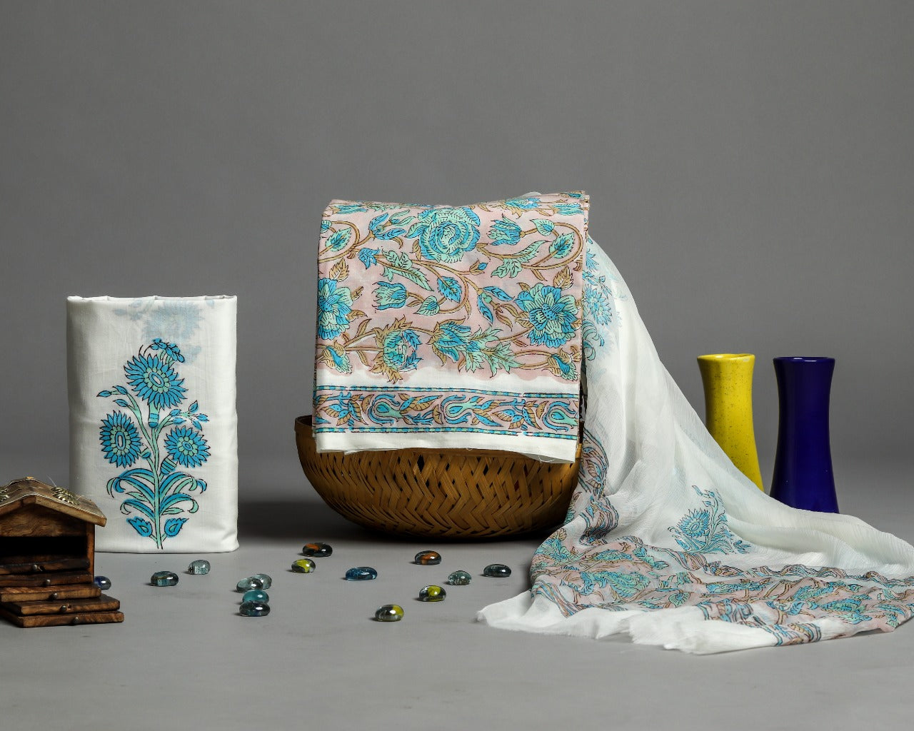 Shop Unstitched Pure Cotton Suits with Chiffon Dupatta (PCHF103)