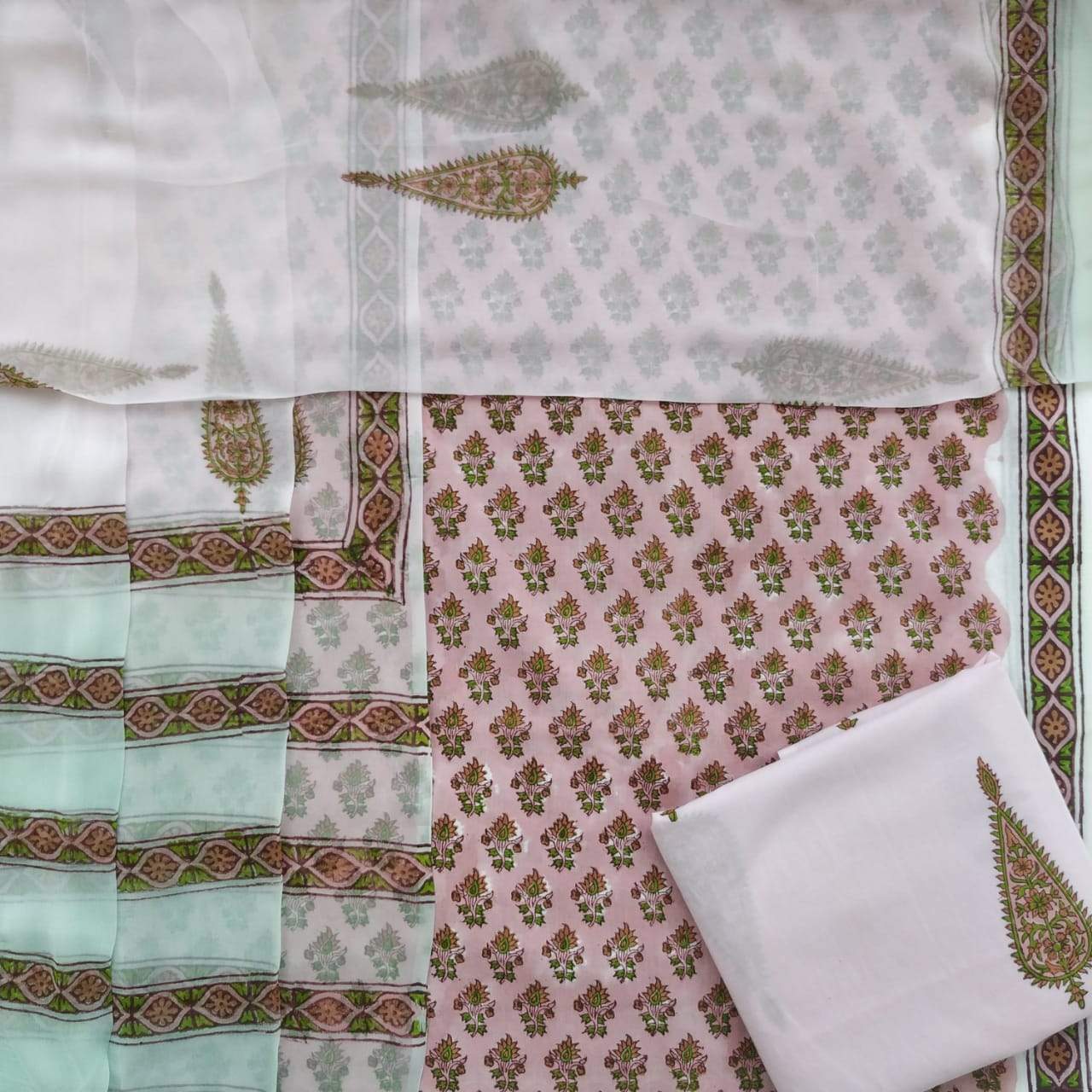 Shop Unstitched Hand Block Print Pure Cotton Suits with Chiffon Dupatta (PCHF141)