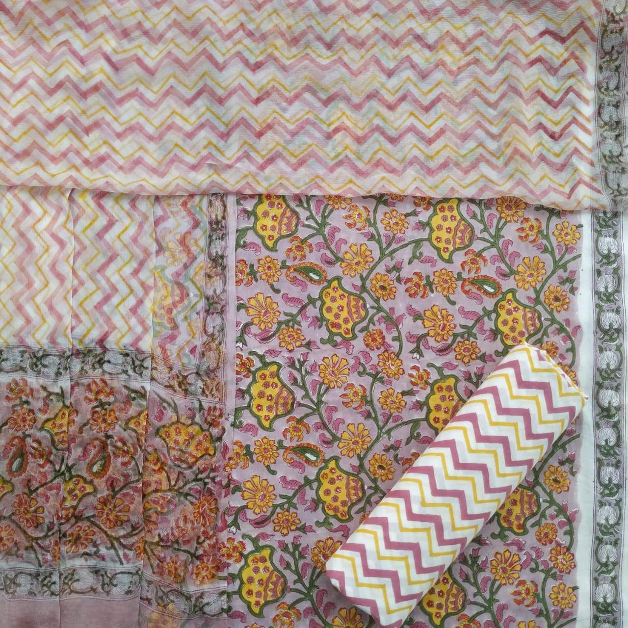 Shop Hand Block Print Pure Cotton Suits with Chiffon Dupatta (PCHF143)