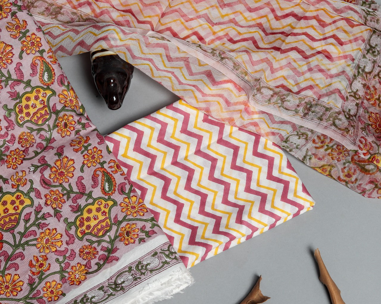 Shop Hand Block Print Pure Cotton Suits with Chiffon Dupatta (PCHF143)