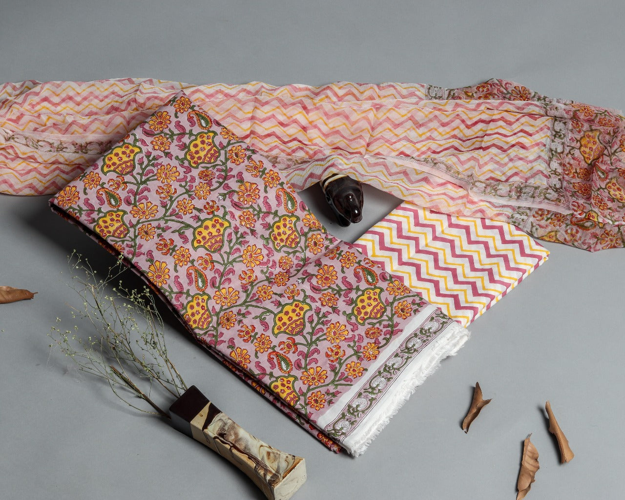 Shop Hand Block Print Pure Cotton Suits with Chiffon Dupatta (PCHF143)