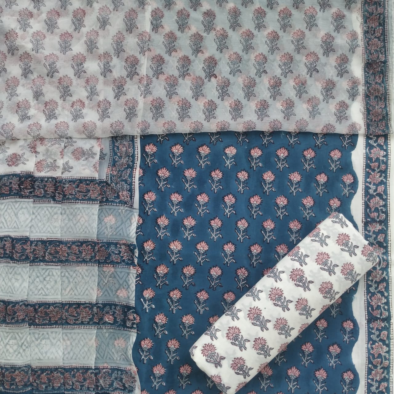 Shop Unstitched Hand Block Print Pure Cotton Suits with Chiffon Dupatta (PCHF145)