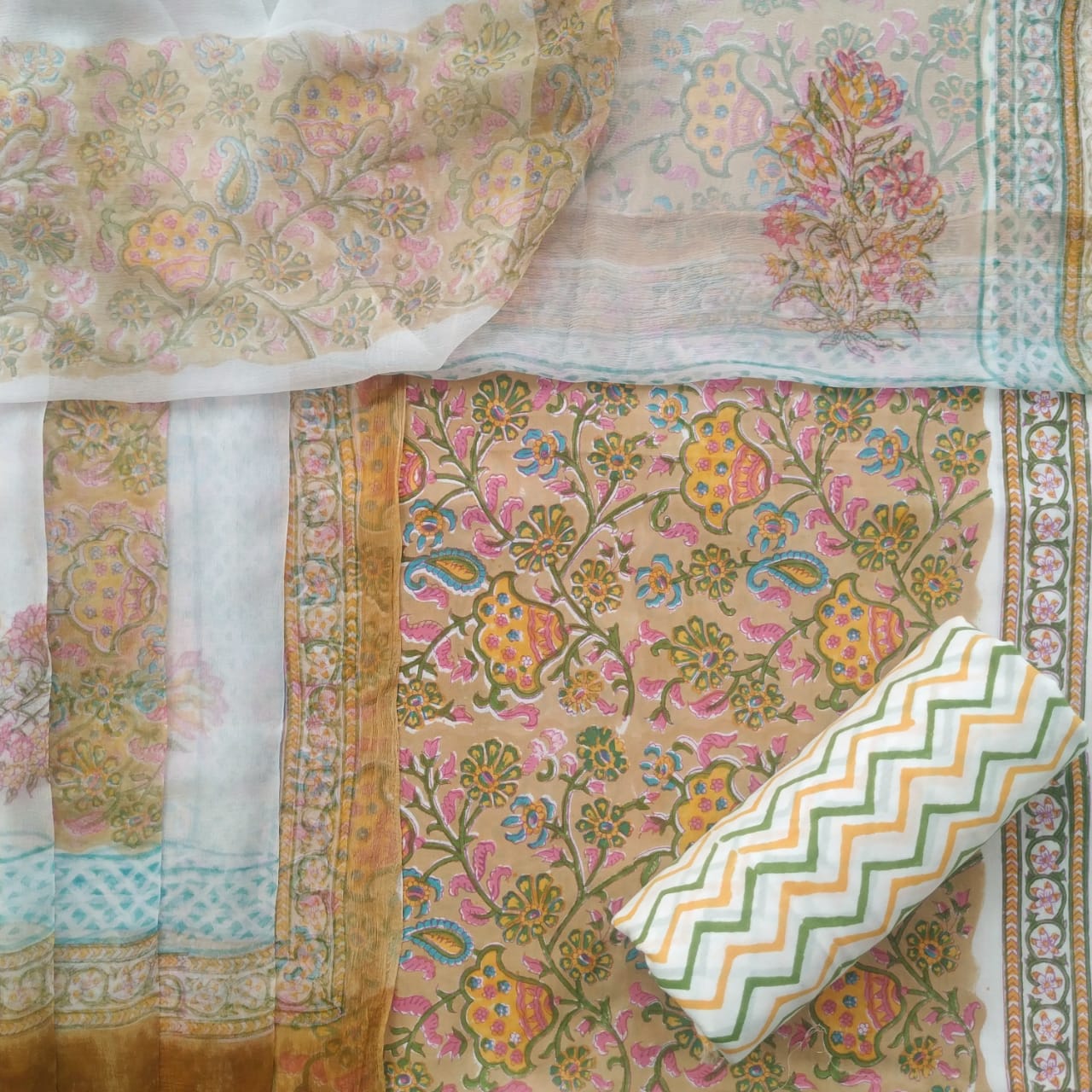 Shop Unstitched Hand Block Print Pure Cotton Suits with Chiffon Dupatta (PCHF151)