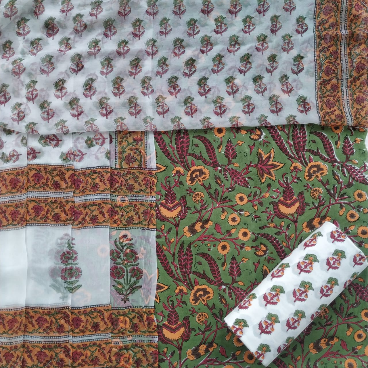 Shop Hand Block Print Pure Cotton Suits with Chiffon Dupatta (PCHF153)