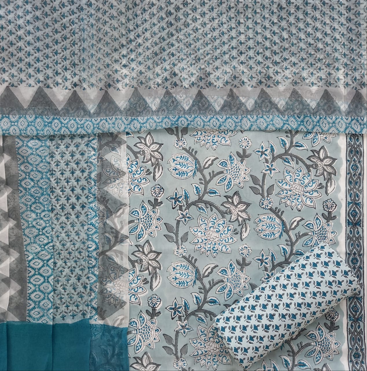 Shop Unstitched Hand Block Print Pure Cotton Suits with Chiffon Dupatta (PCHF155)